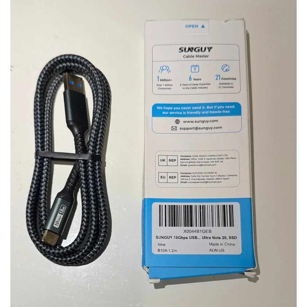 SUNGUY USB C to USB A 3.1 Gen 2 Cable 10Gbps 18W Braided 1.2m Gray X0044B1GEB